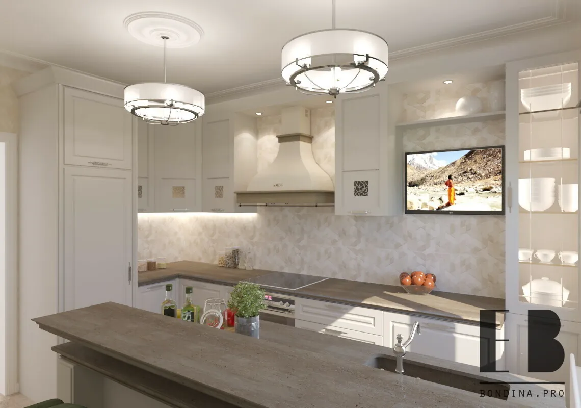 Neoclassical kitchen with two level island