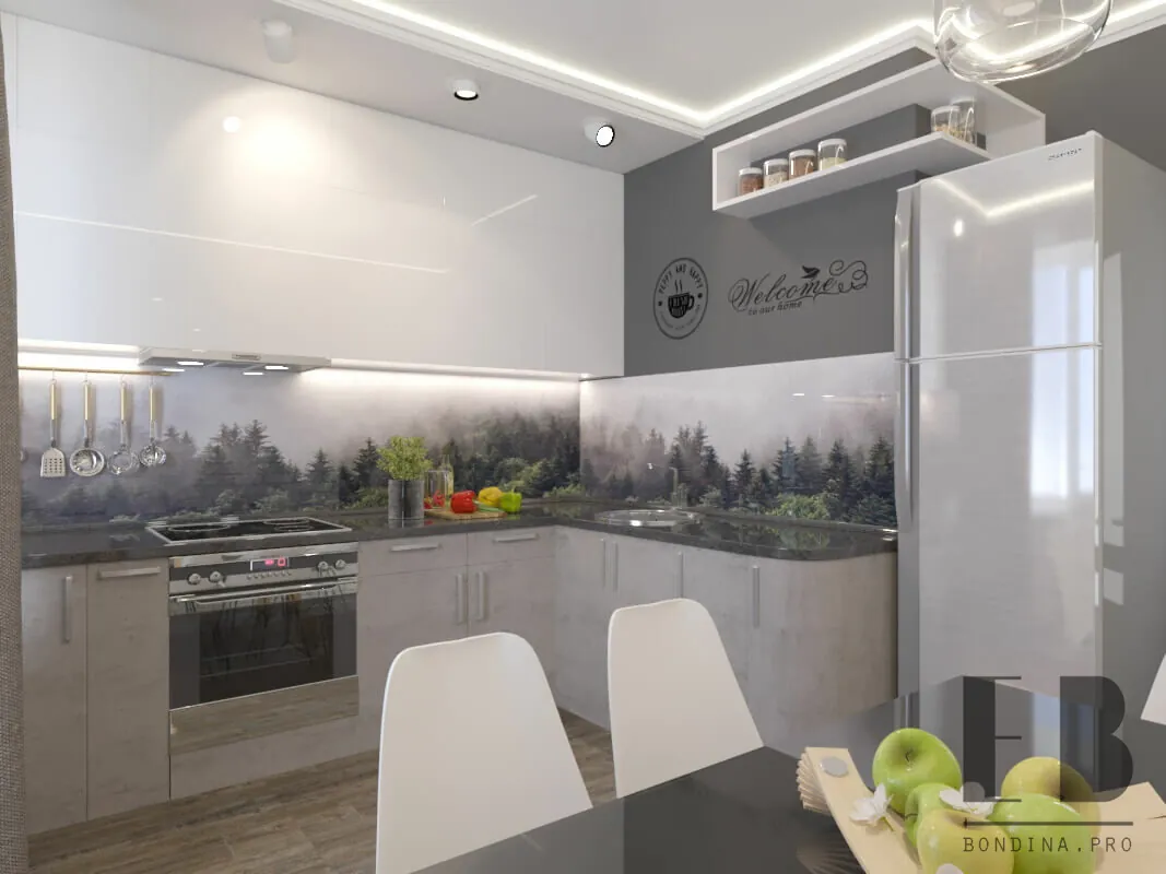 Белая кухня с кухонным фартуком с фотопечатью - лес