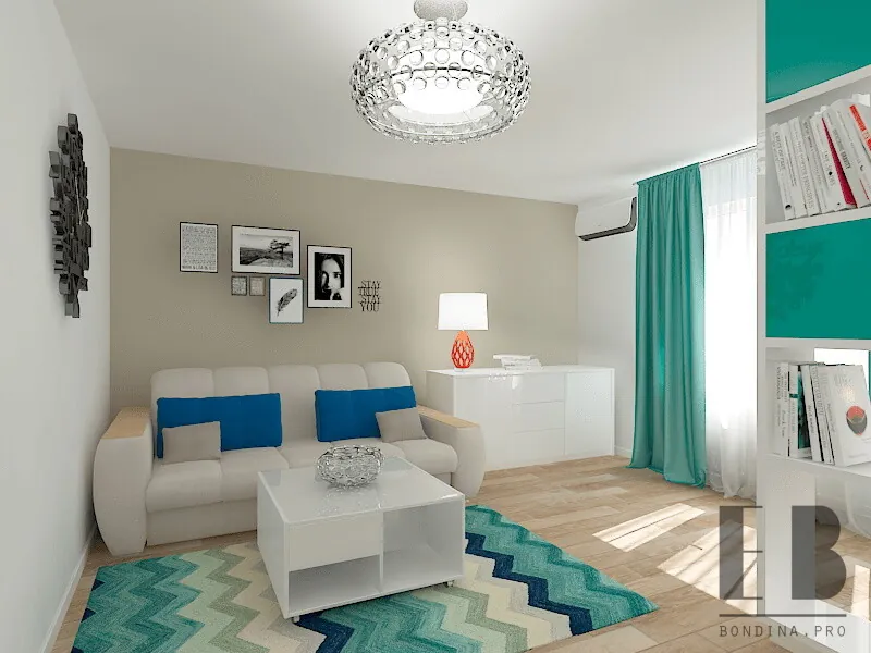 White and turquoise living room with a partition