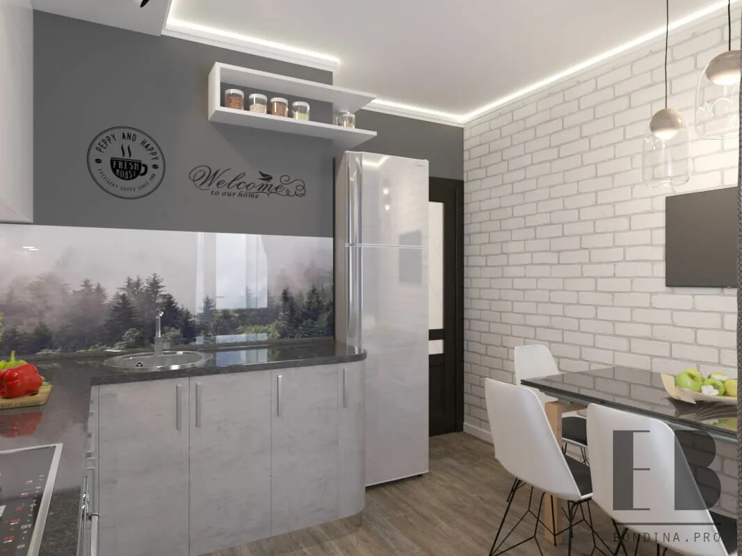 Modern grey kitchen with brick wall and white cabinets