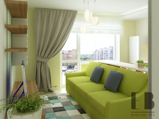 Studio apartment interior design with green accents