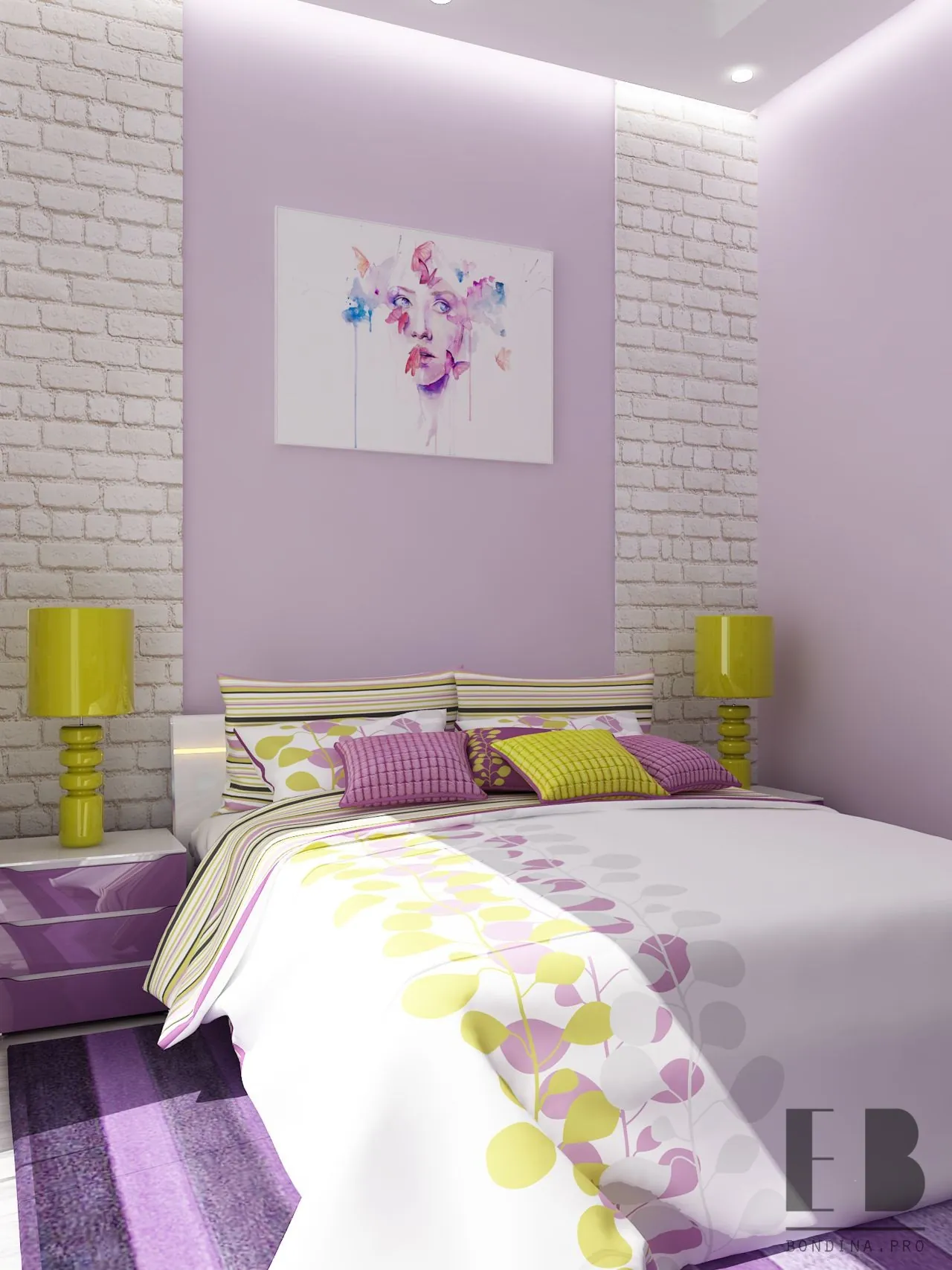 Purple bedroom design with big comfortable bed and white brick wall