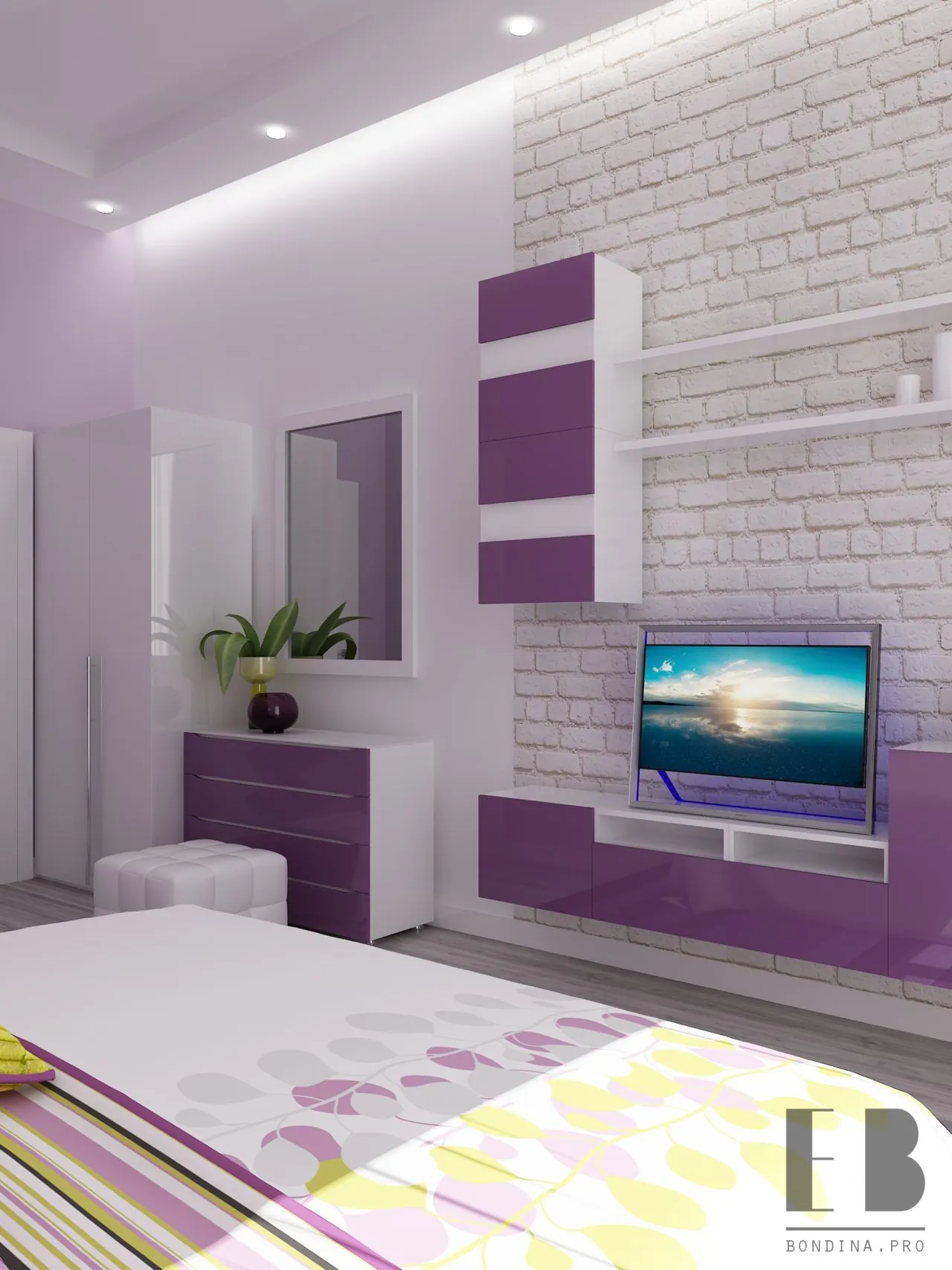 Purple bedroom with TV wall