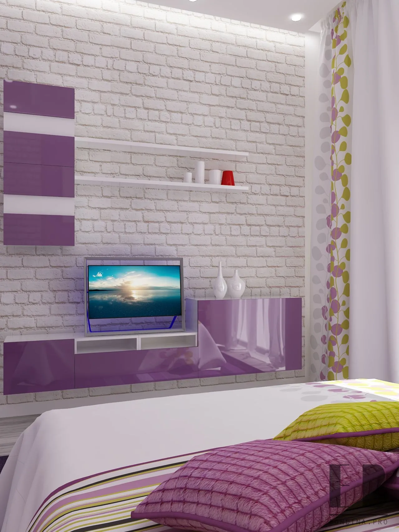 Delicate purple bedroom with brick wall