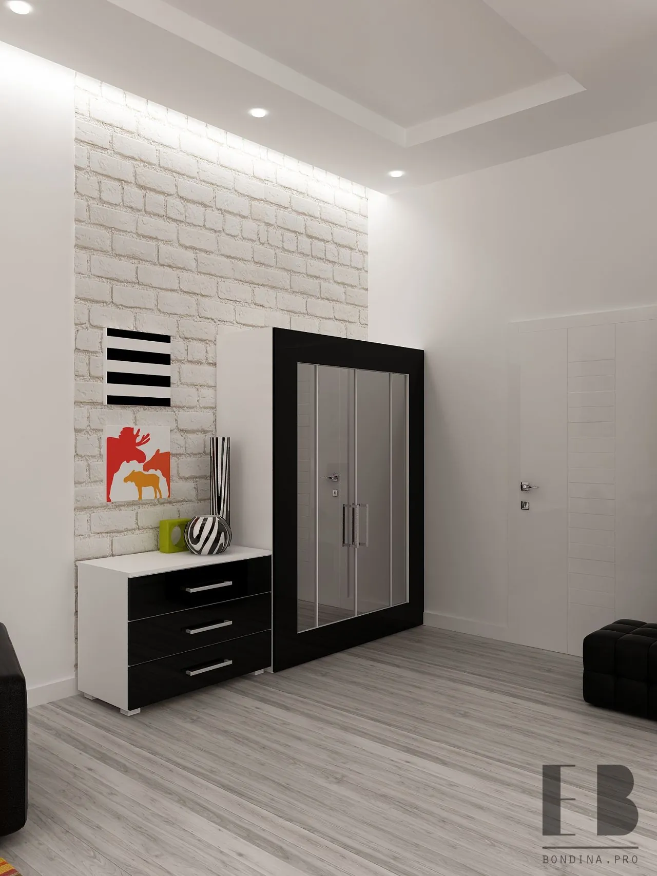 Design of a bedroom-living room with modern furniture