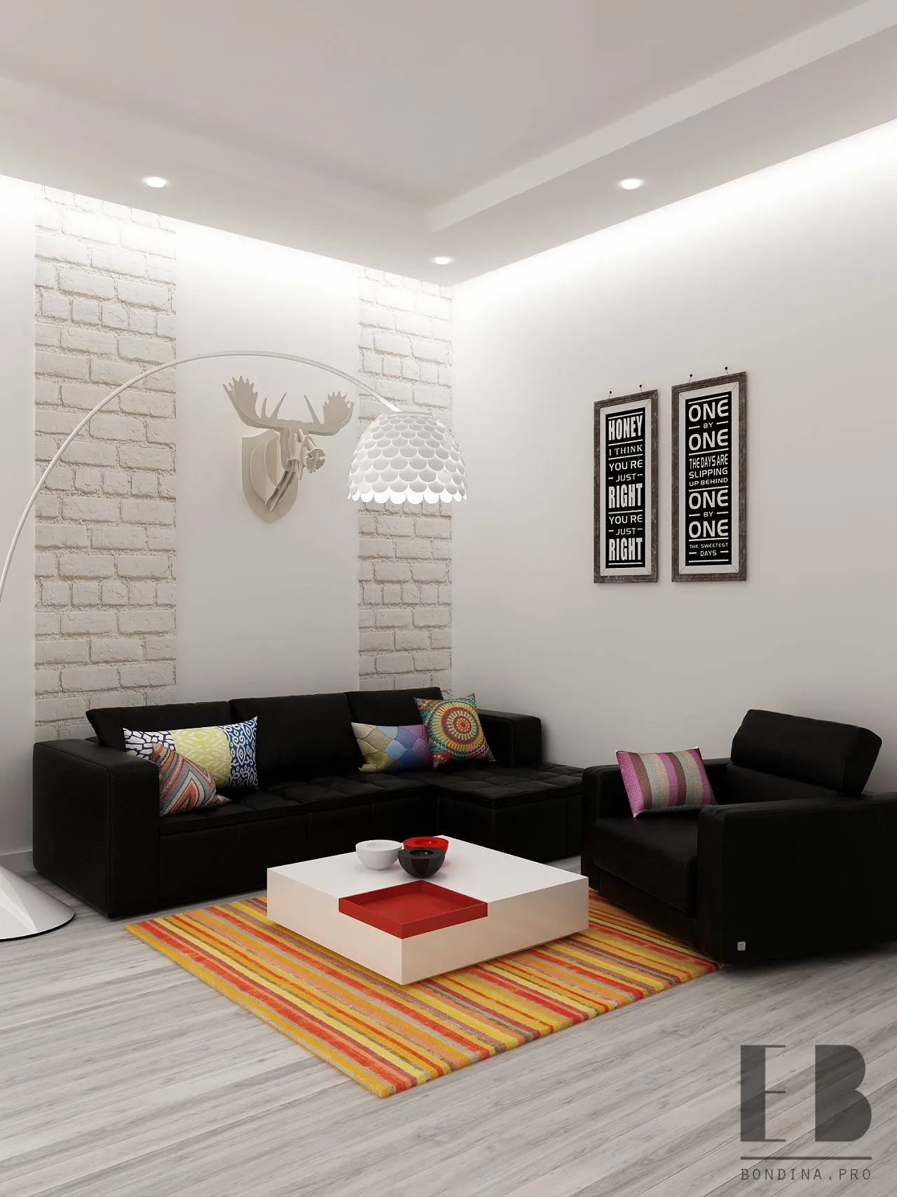 White living room with black sofa design and modern coffee table