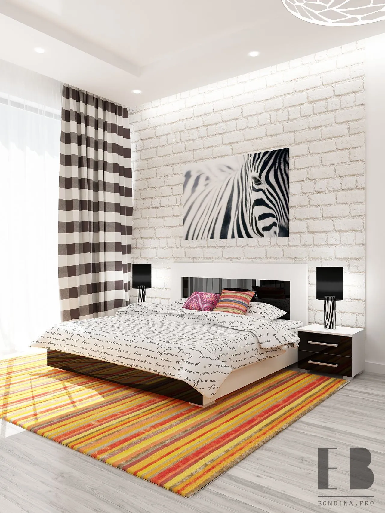 White bedroom interior with checkered curtains