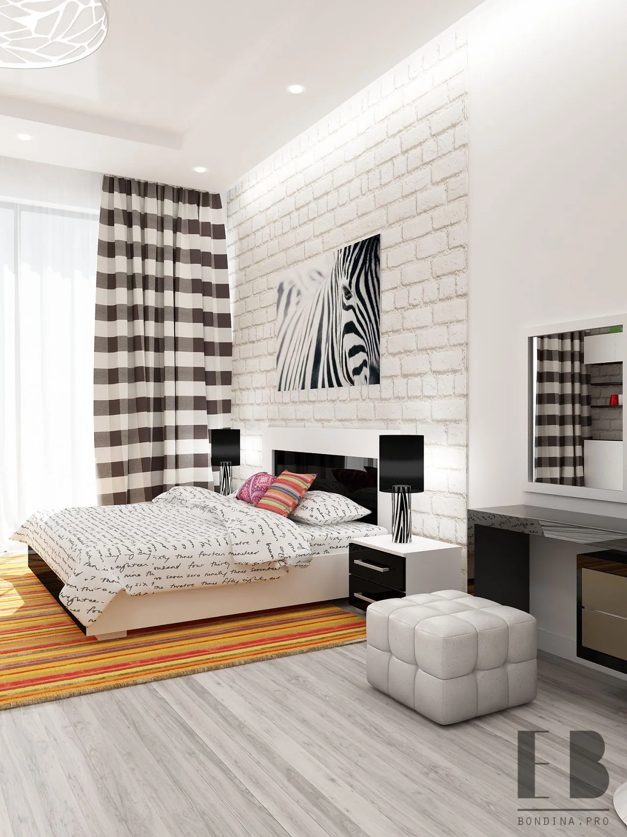 Bedroom with black and white furniture and White bedroom interior with checkered curtains, brick walls