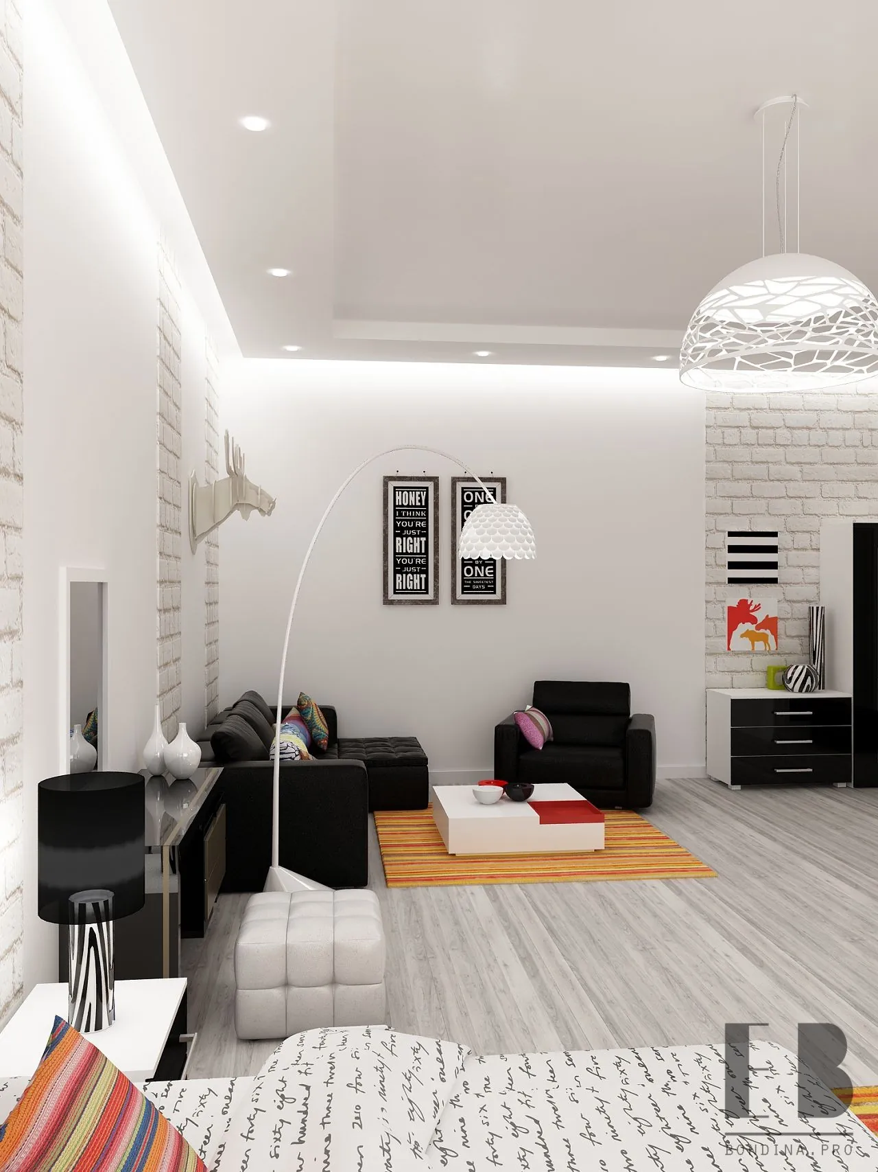 Tender interior design of living room bedroom combo