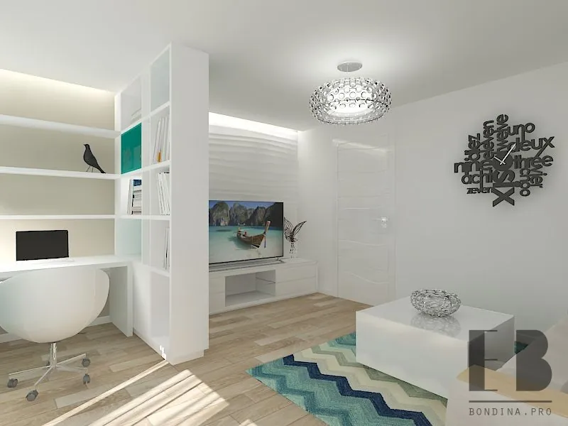 Coastal living room design - white and aquamarine