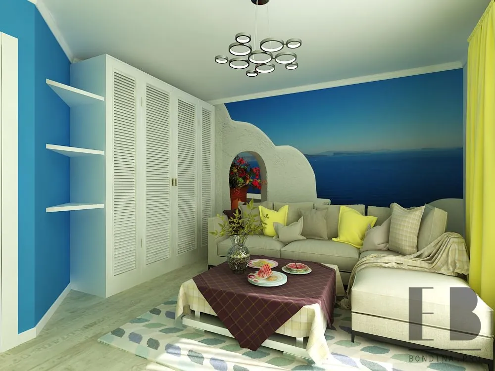 Bright living room design in coastal style in blue, white and yellow colors