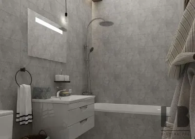 Grey bathroom interior with bathtub and pendant lights