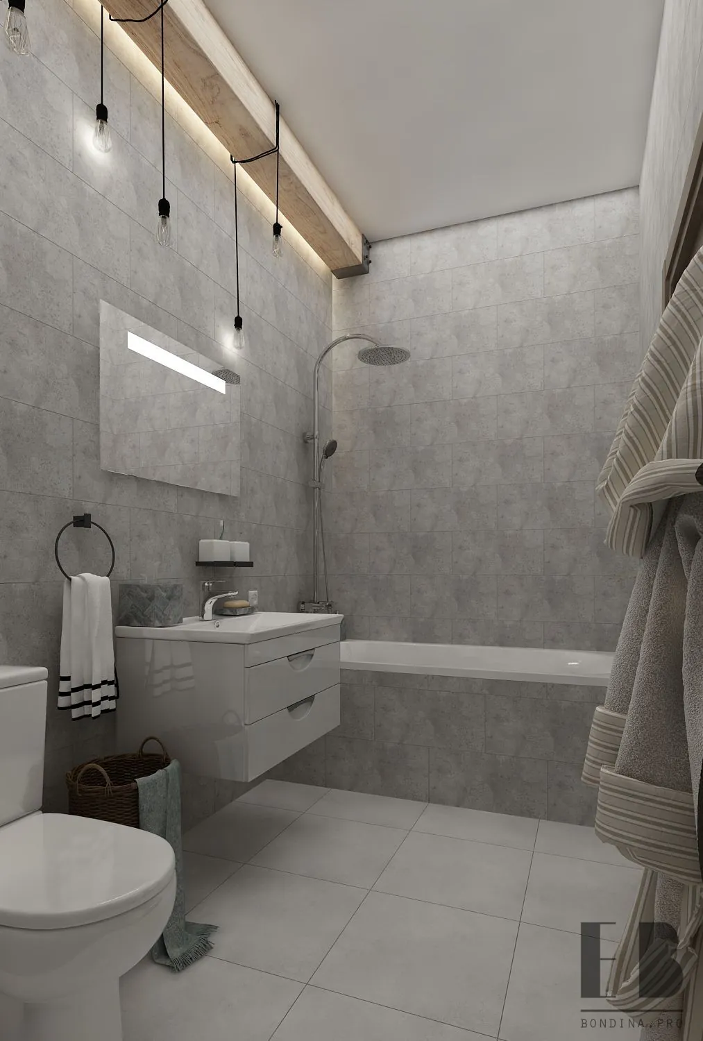 Strict and comfortable grey bathroom interior with bathtub