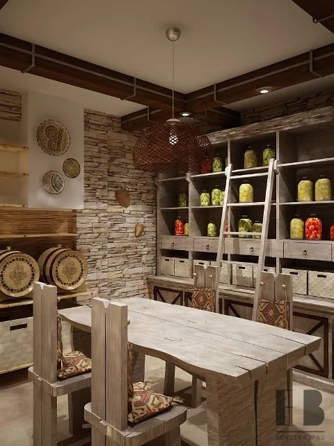 Country kitchen interior design with wooden cabinets and open shelves