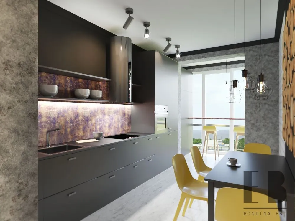 Loft style kitchen design in grey and yellow colors with brick wall an