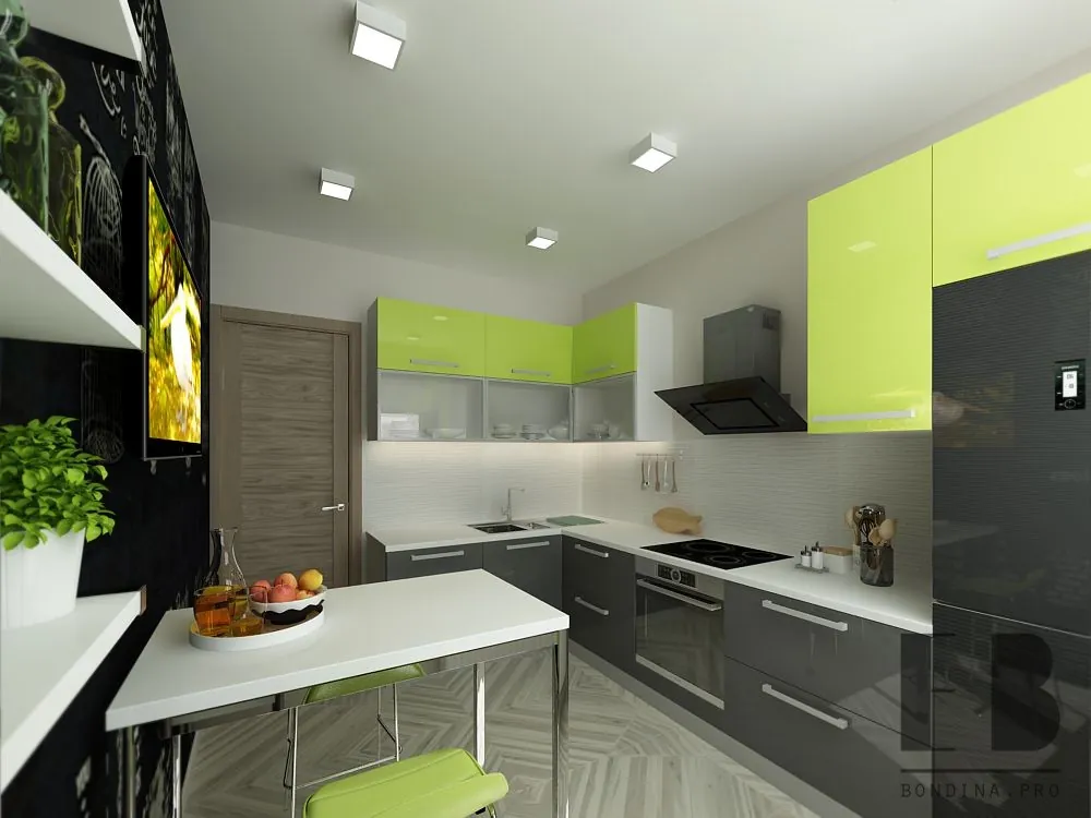 Contemporary kitchen design: Green & gray kitchen cabinets,  white countertop and backsplash