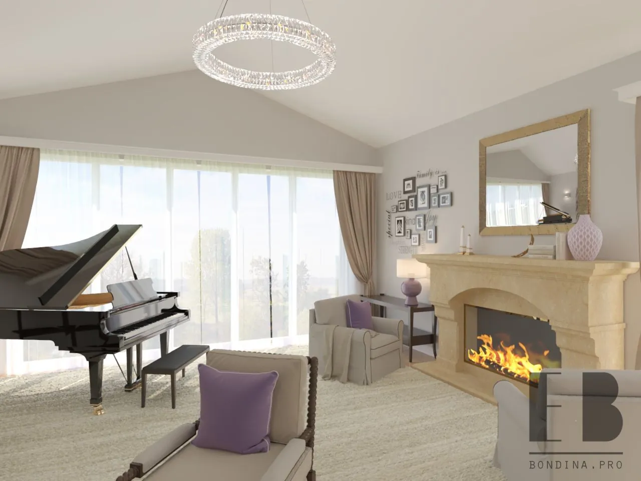 Contemporary living room design with fireplace and grand piano