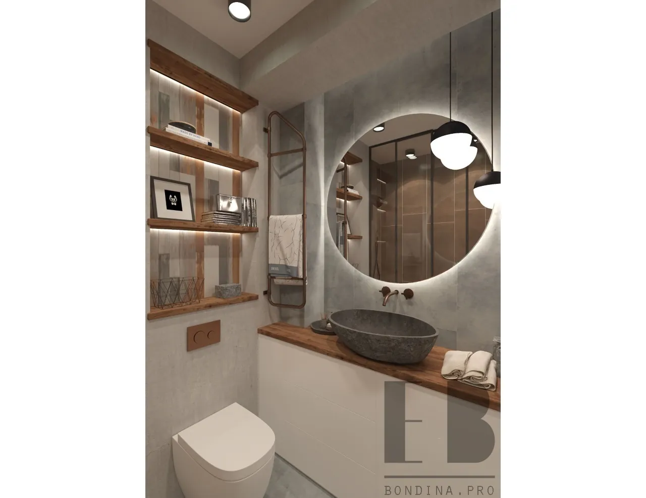 Loft style bathroom design with vessel stone sink 