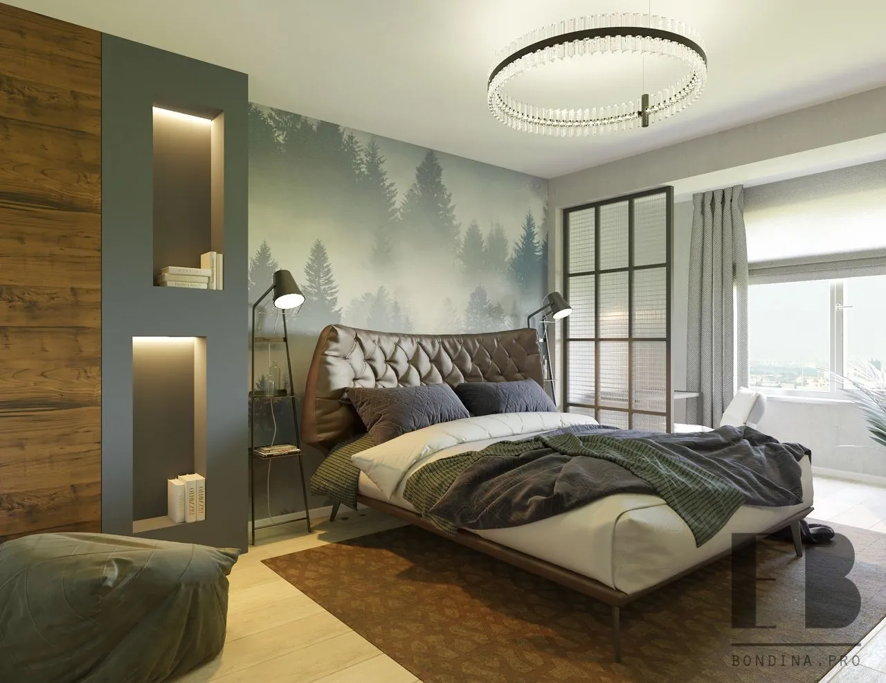 Unusual master bedroom design with a forest picture on the wall