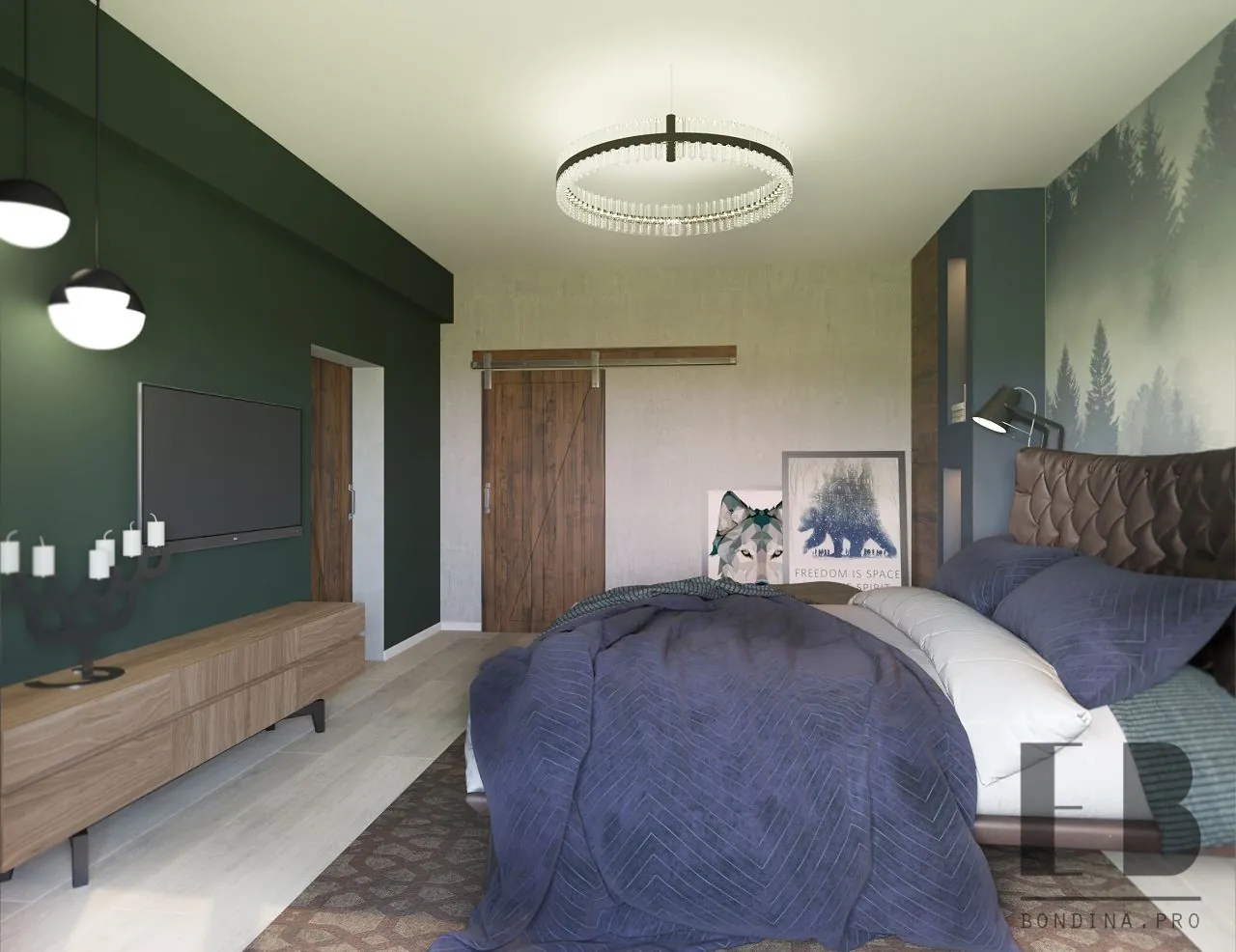 Зеленая спальня с фото обоями - Дизайн интерьера спальни
