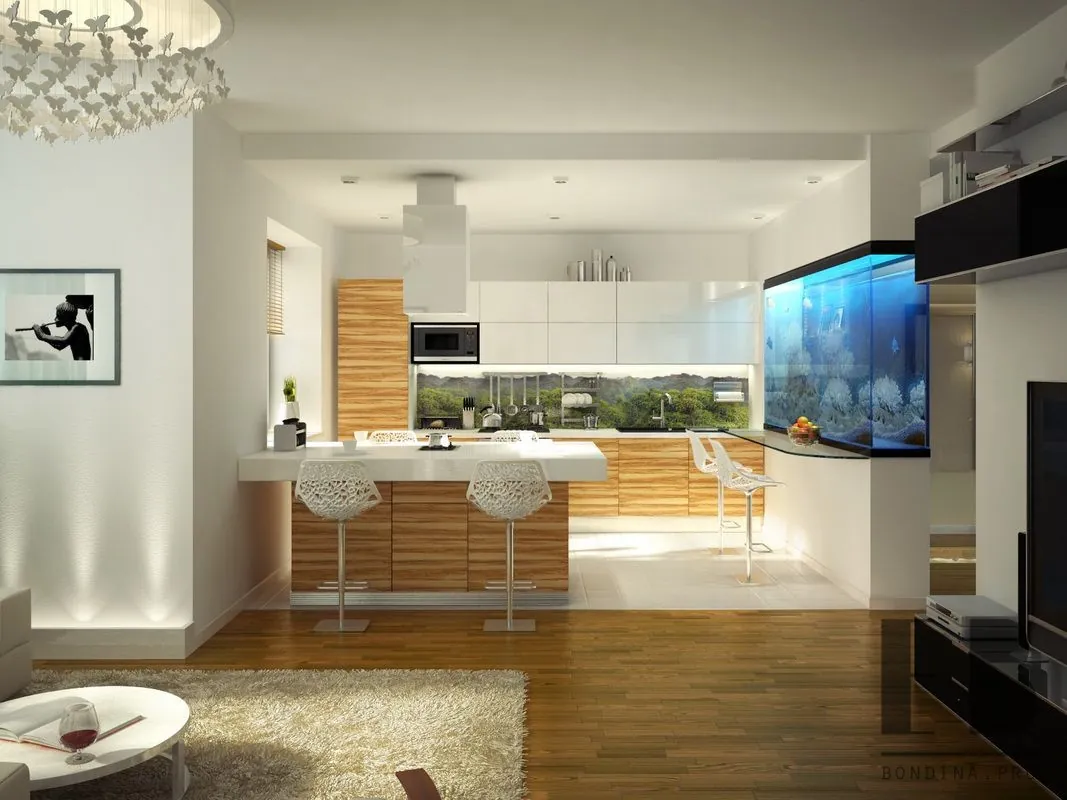 Kitchen and living room combo with a breakfast bar