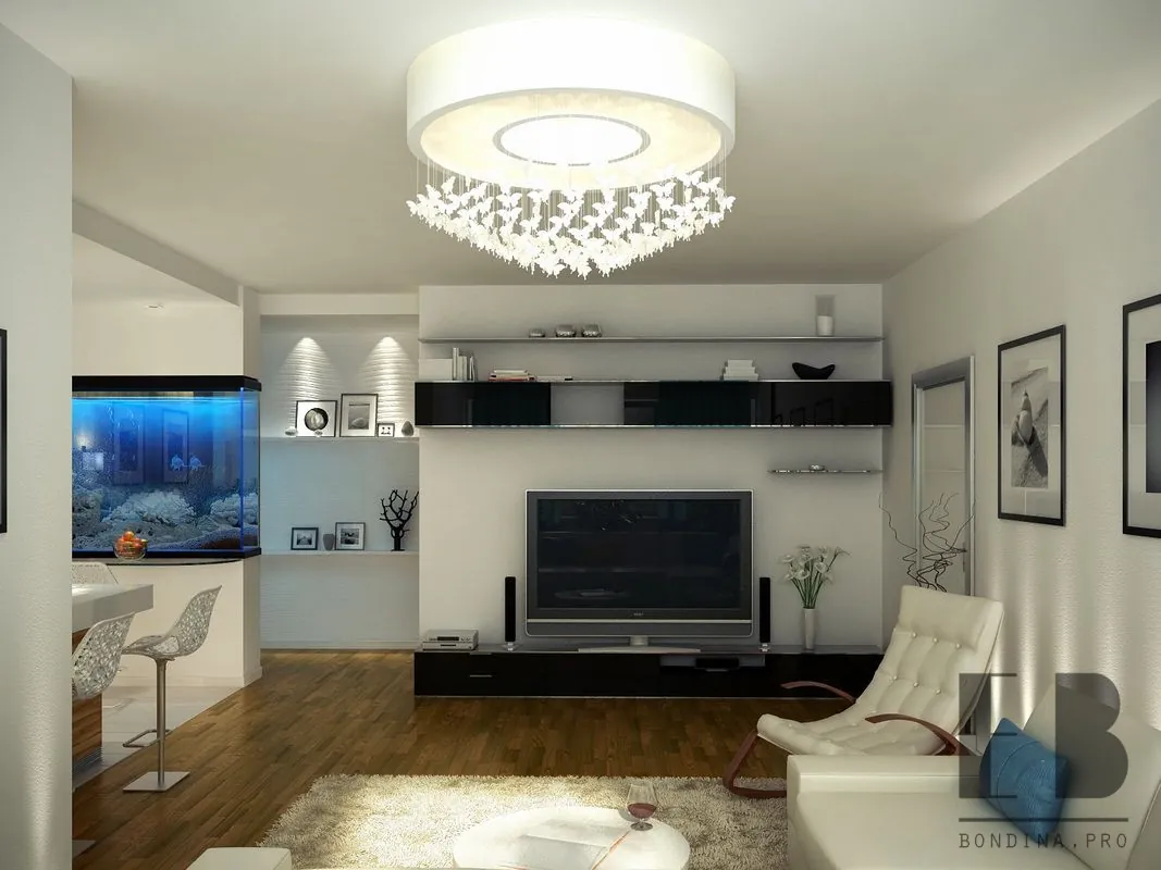White living room interior design with a large aquarium
