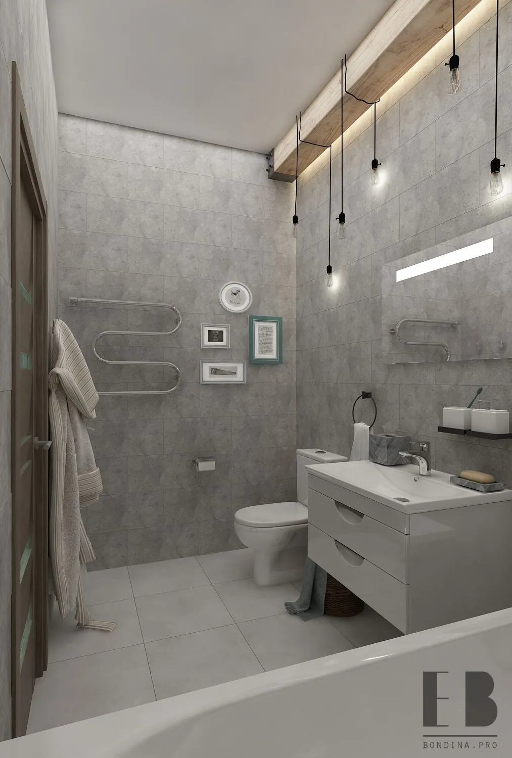 Grey bathroom interior design with bathtub