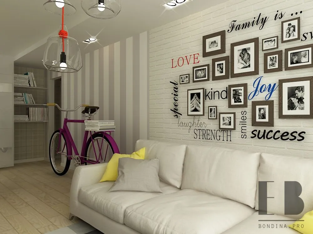 Trendy flat design with a lot of photos on the brick wall and a bicycle