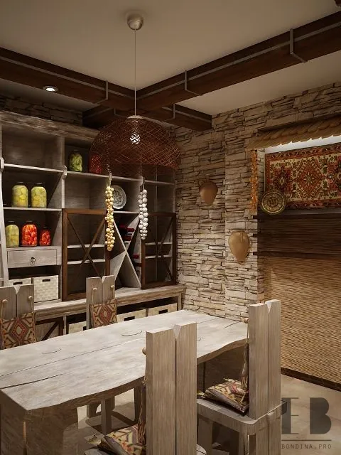 Country kitchen interior design with wooden cabinets and stone walls