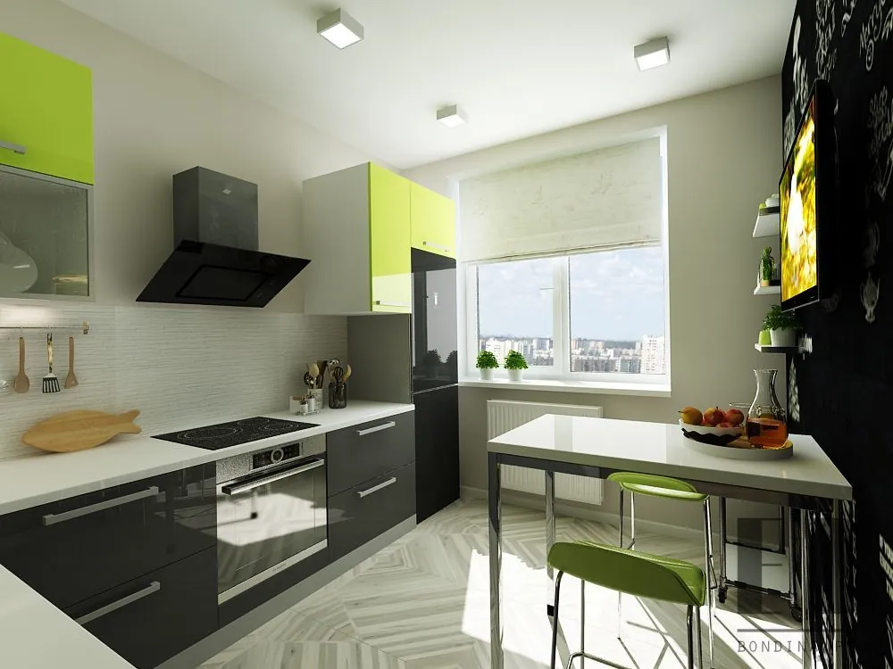 Kitchen in green and gray colors with white walls and a table