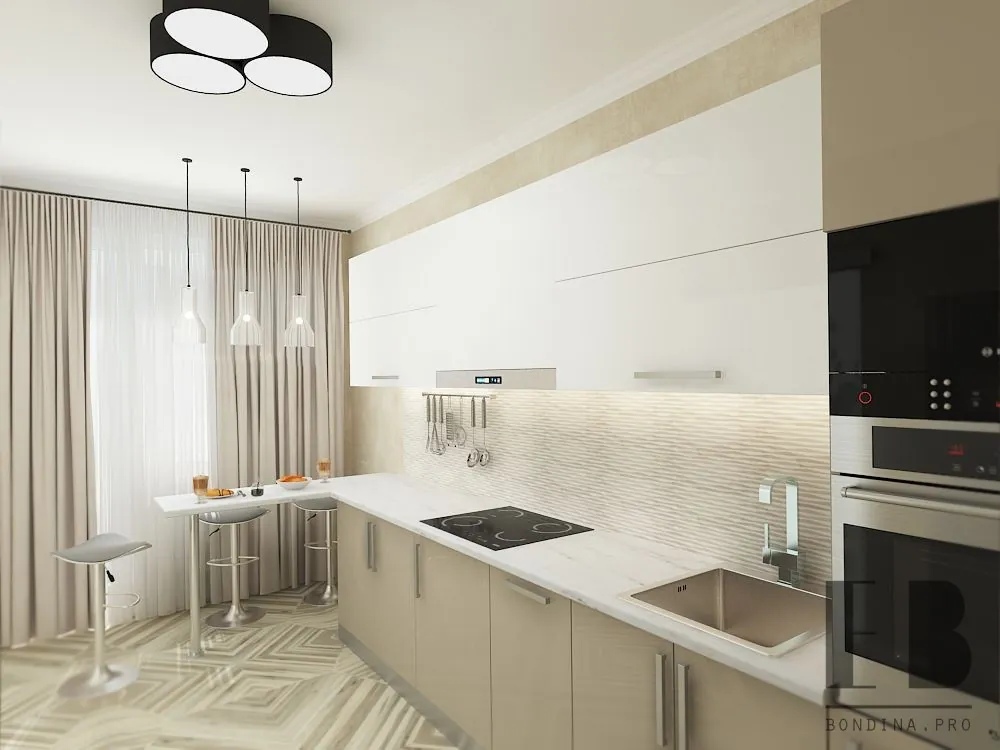 White and beige kitchen with beige textile and bar table