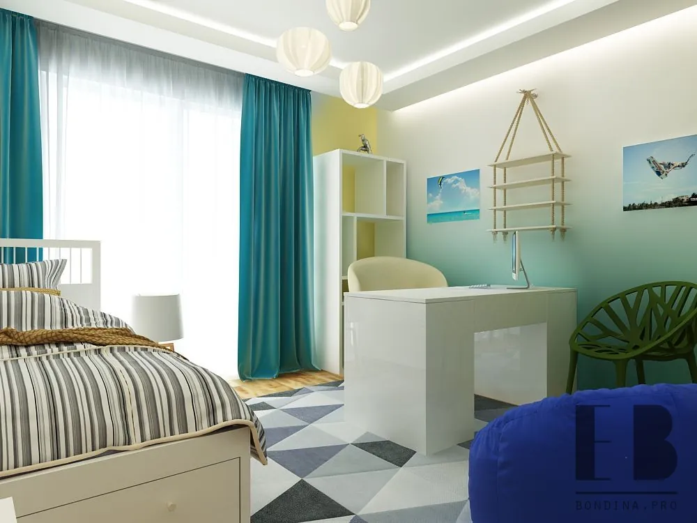  Light and sunny design in white, sand and azure color with comfortable bed and white table.