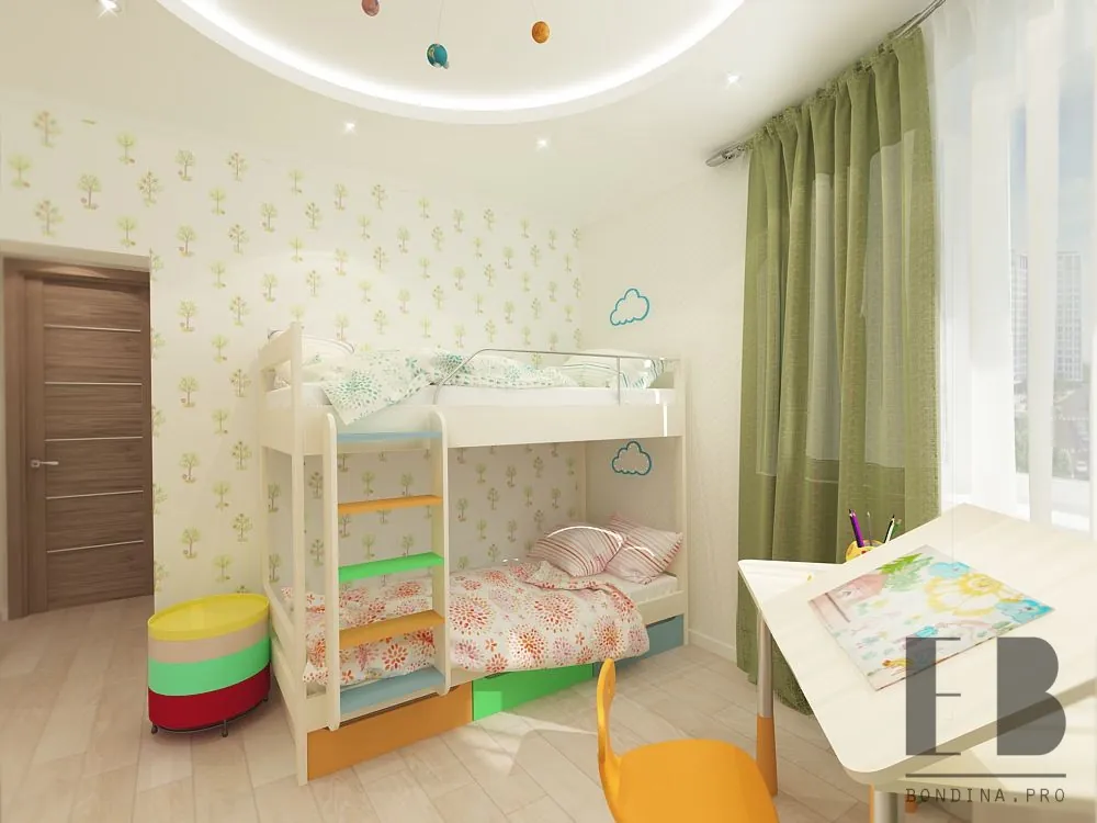 Tender children room interior with bunk bed and green curtains