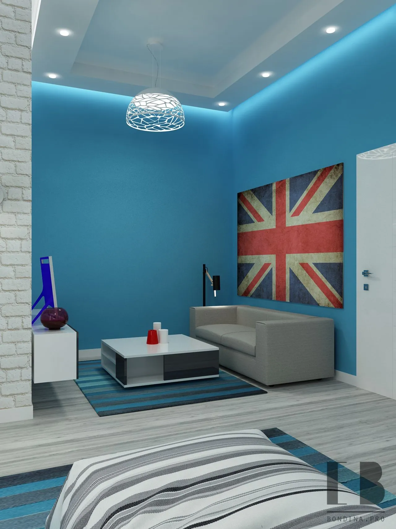 Contemporary blue bedroom with Union Jack on the wall