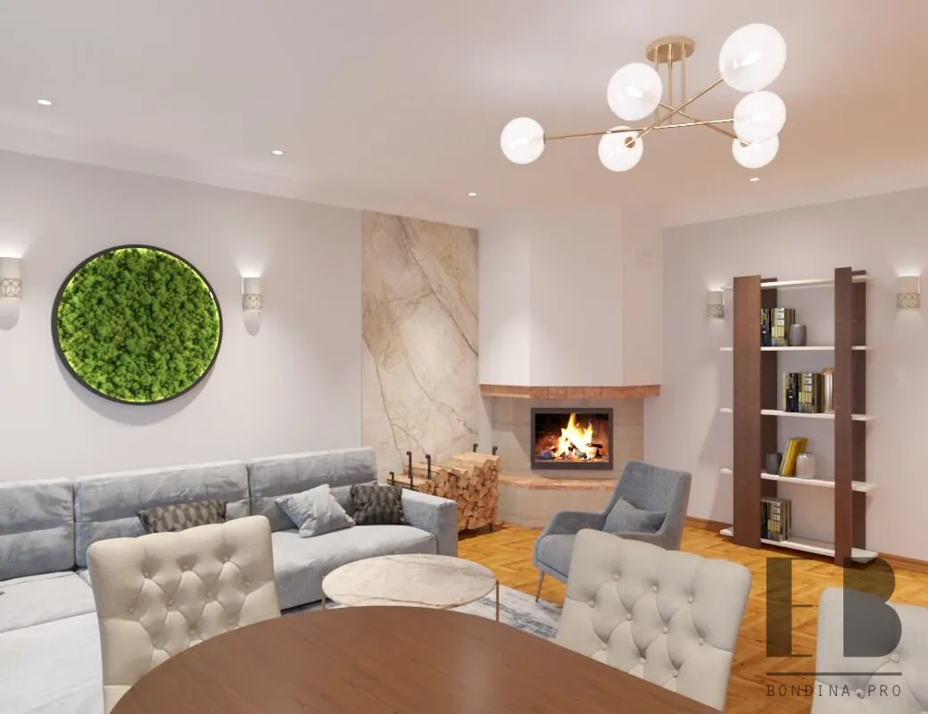 Modern living room design with fireplace and a moss wall art