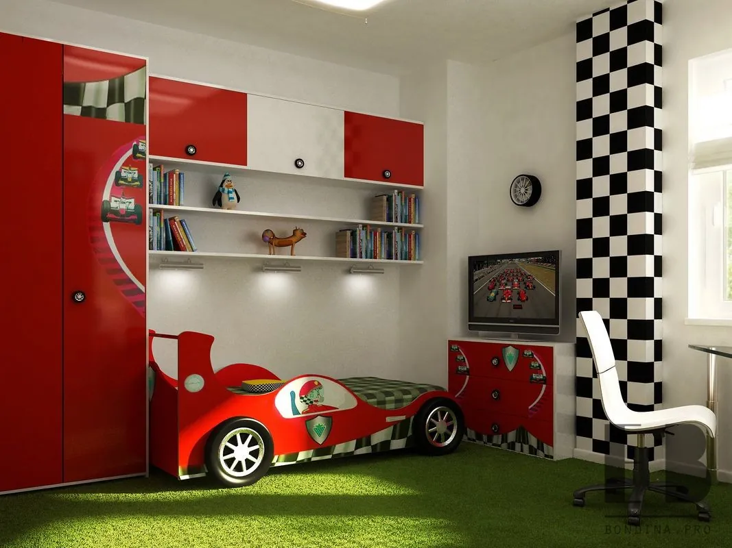 Racing themed bedroom for two boys with car bed
