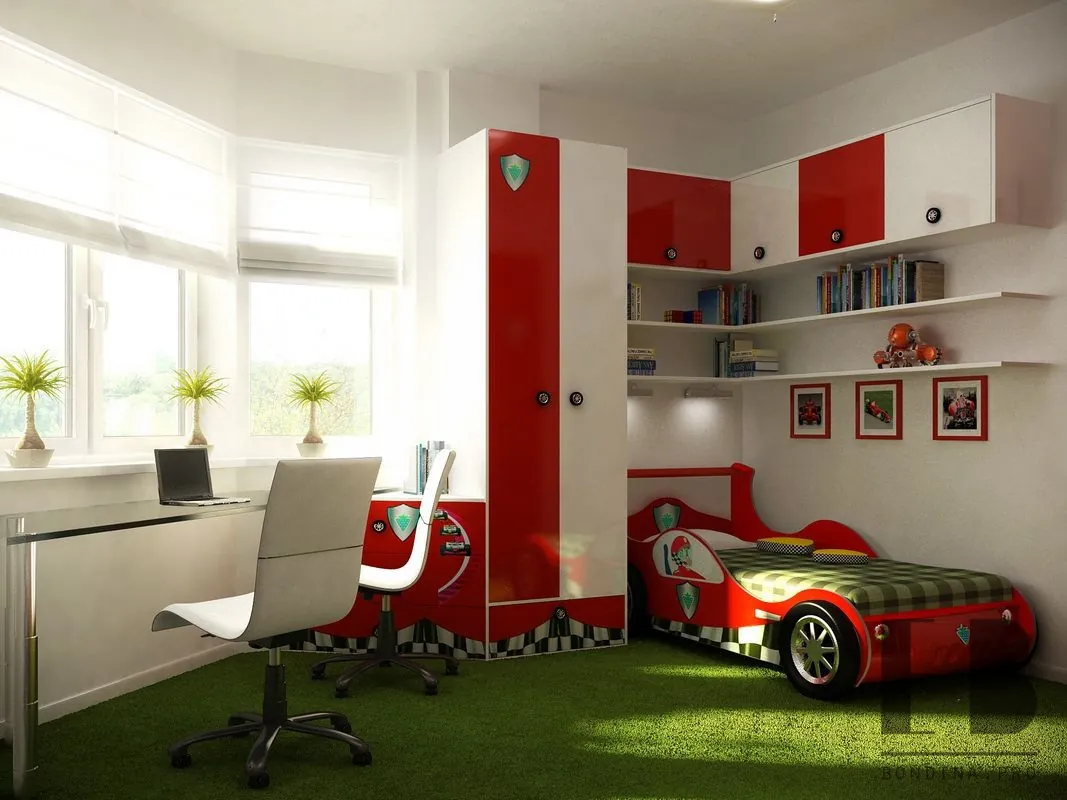 Race bedroom design for two boys in white and red colors