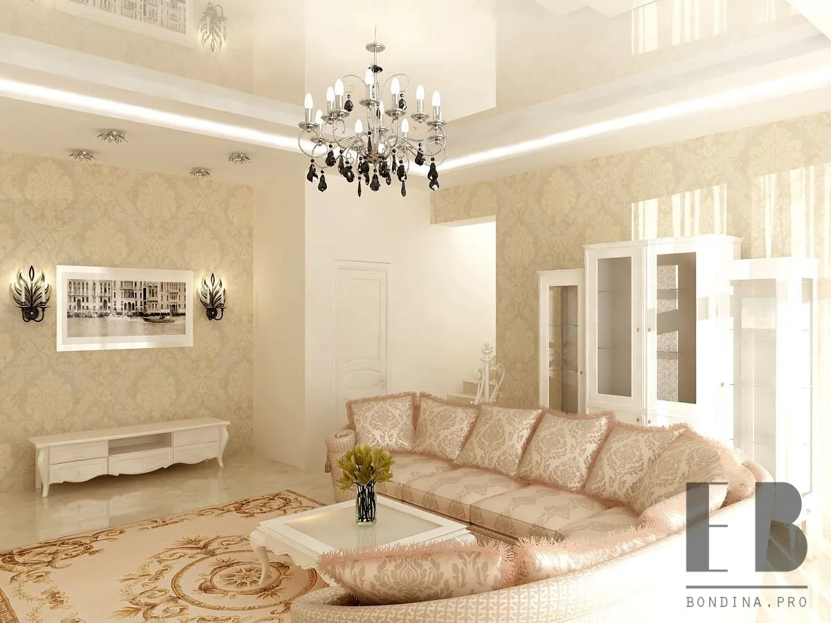 White and beige living room design with white furniture