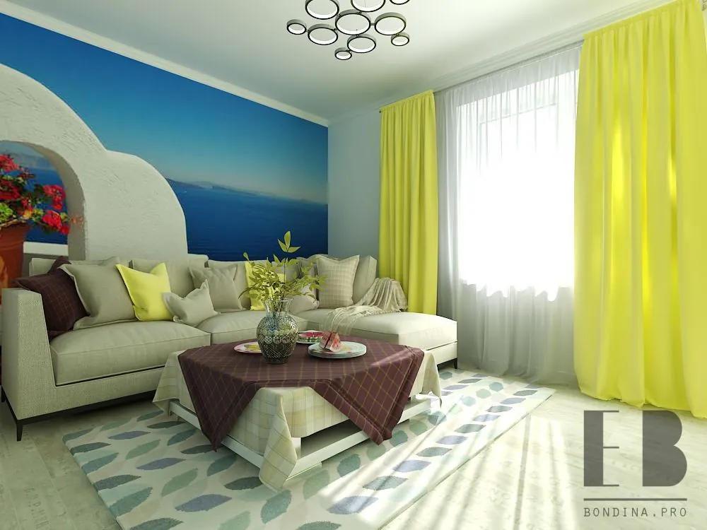 Coastal living room interior with photo wallpaper and yellow curtains