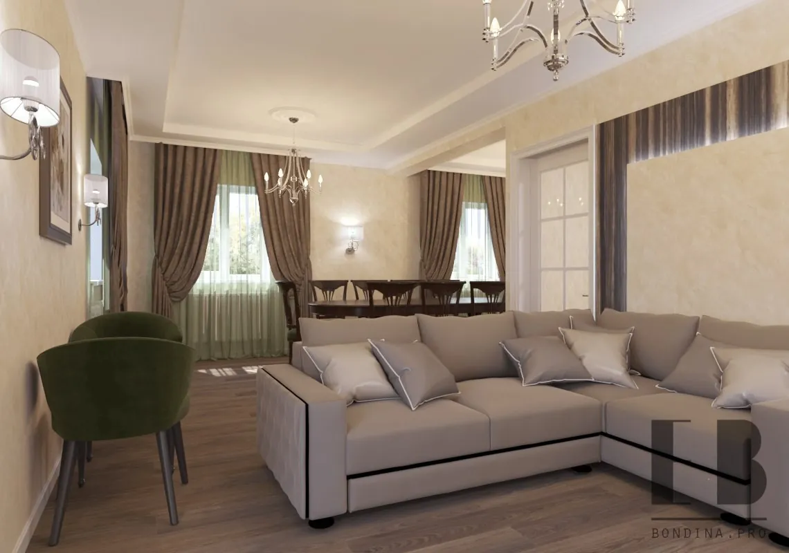 Living room design in beige colors