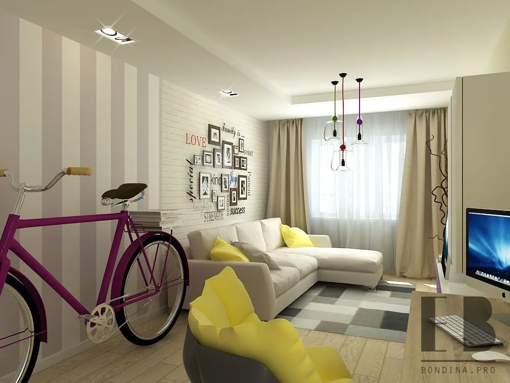 Trendy living room design with yellow armchairs and a bicycle