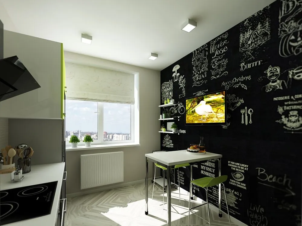 Modern kitchen with black and white wallpaper, two-toned cabinets in light green and gray colors.