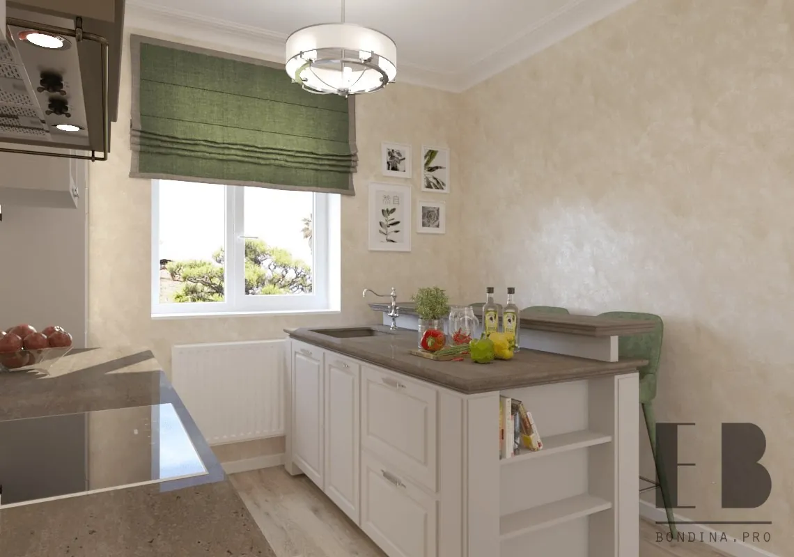 Neoclassical kitchen with white cabinets and green textile