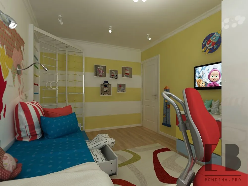 Children's room in yellow color with gymnastics wall