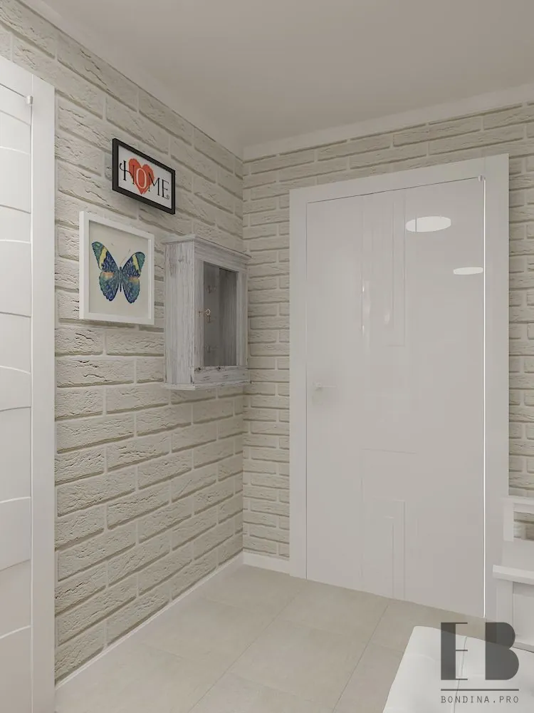 White hallway interior design with brick walls