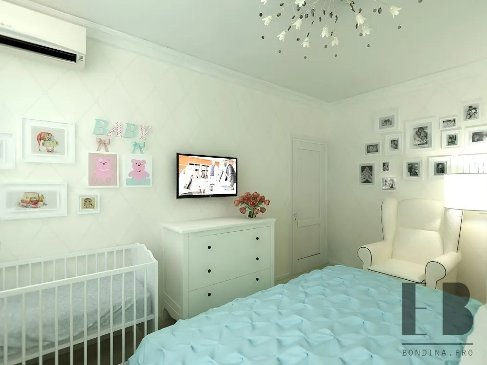 Shared master bedroom and nursery in white and blue