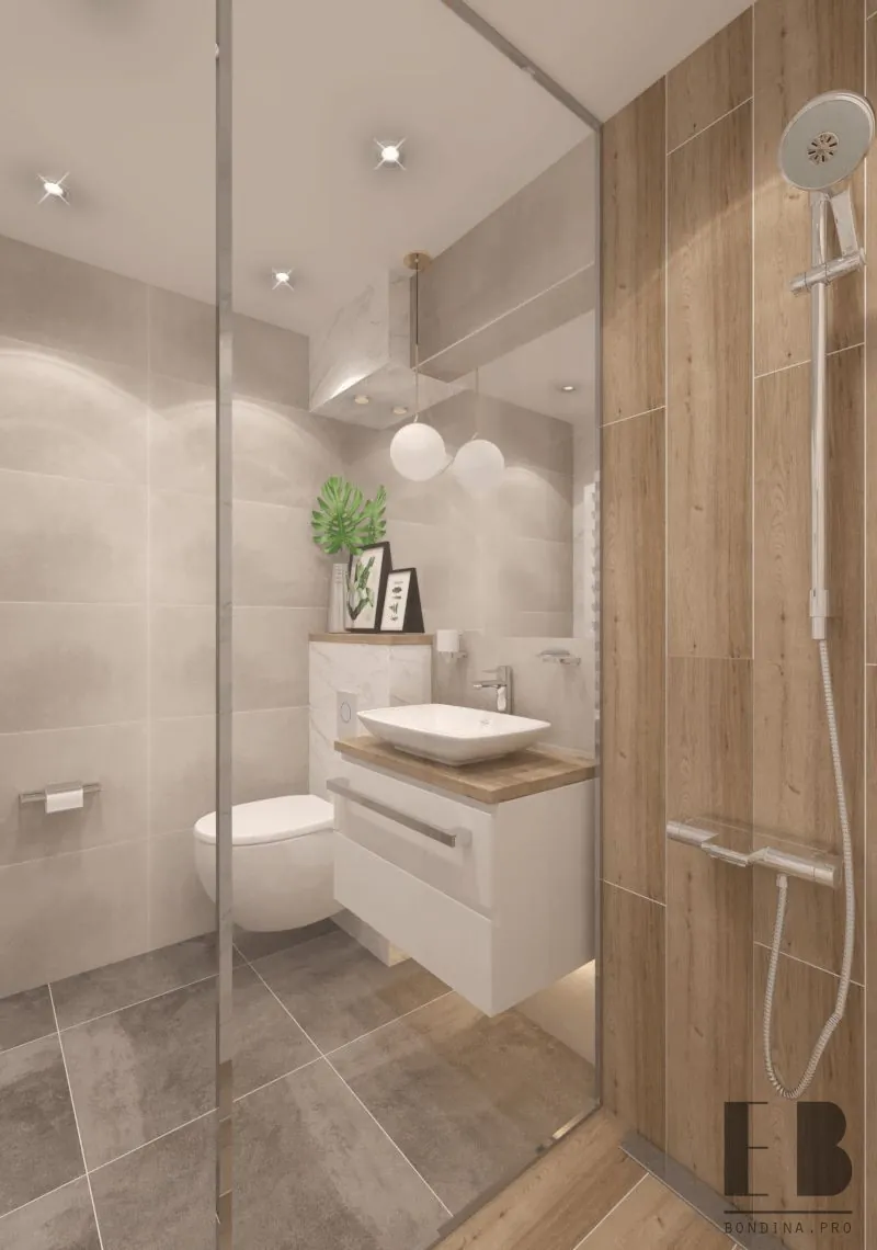 Дизайн ванной комнаты в бежевых тонах и стеклянной душевой кабиной