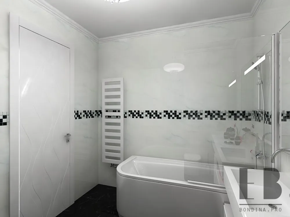 Black and white bath interior design with bathtub