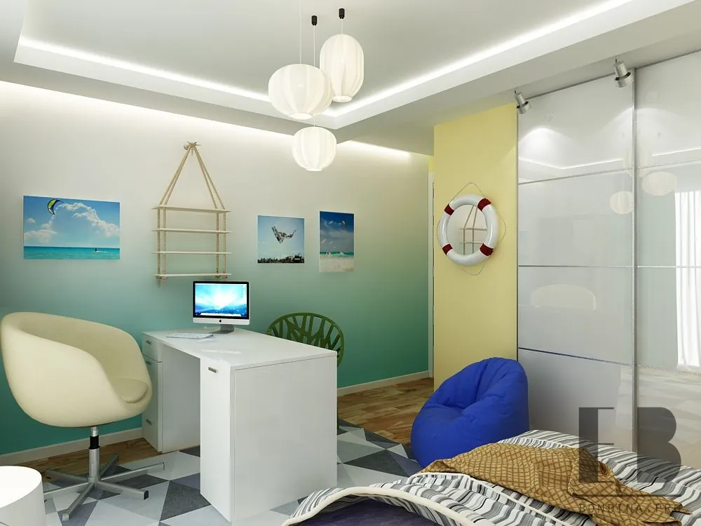 Beach themed teen bedroom with airy white pendant lights