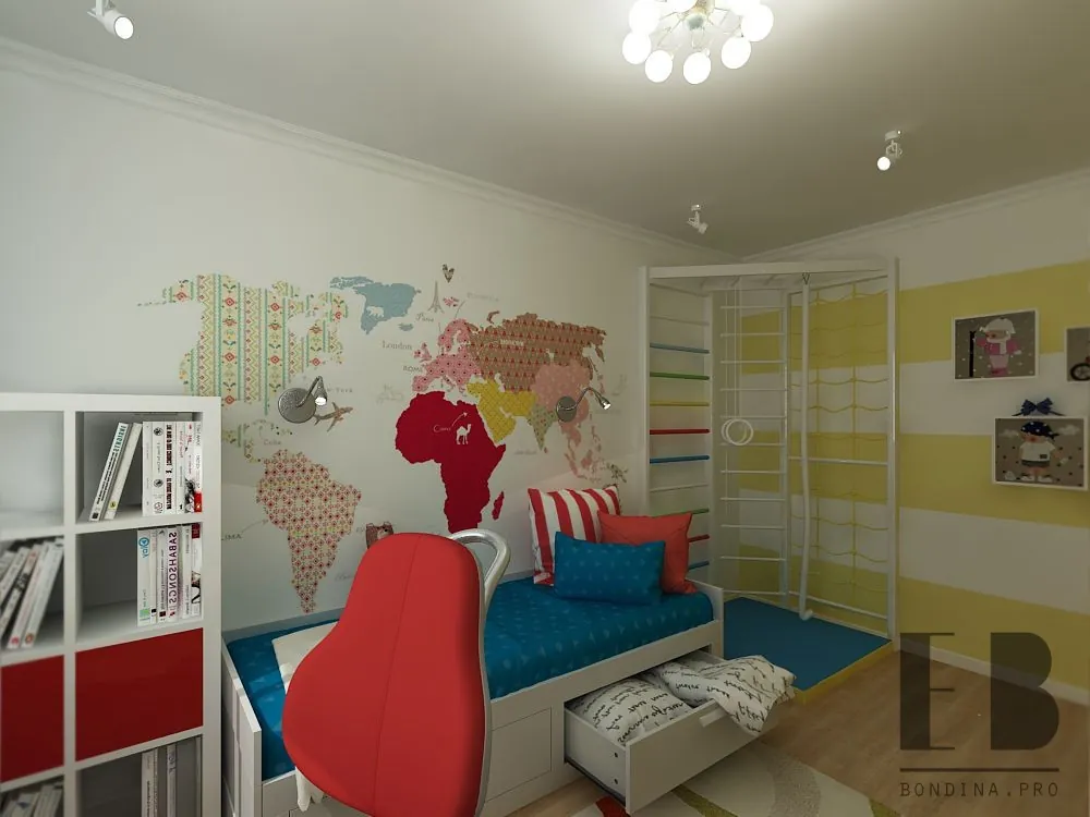 Bright and colorful kids bedroom design with world map
